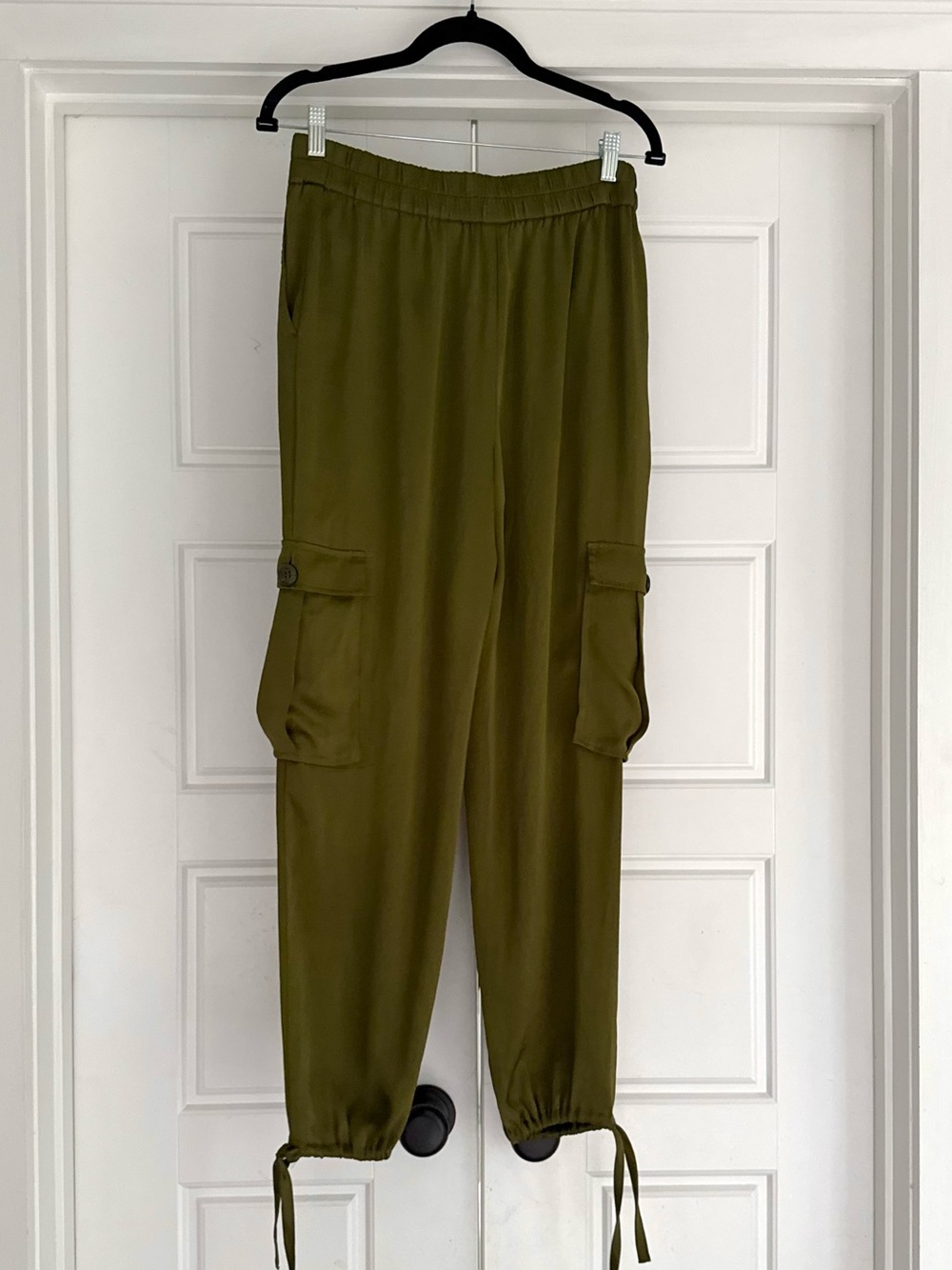 Open Edit Tie Detail Satin Cargo Pants Olive Green - small